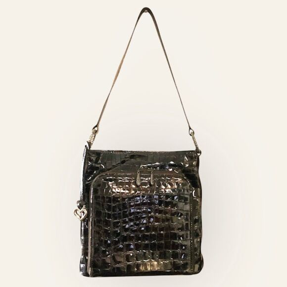 Brighton Sonny Moc Croc Patent Leather Organizer Wallet Shoulder Bag in Brown - Picture 5 of 10